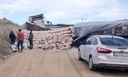 Van’da TOKİ yolunda çimento yüklü TIR devrildi