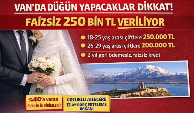 Van’da düğün yapacaklar dikkat! Faizsiz 250 bin TL veriliyor