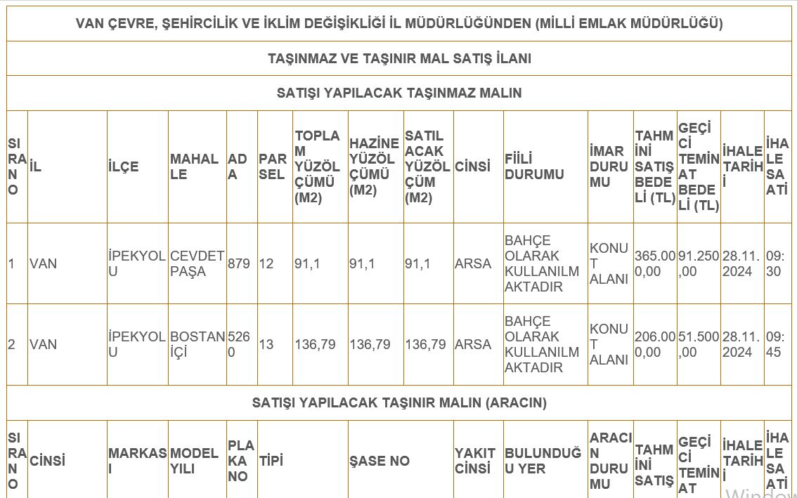 Van Arsa Ve Araç Satışı