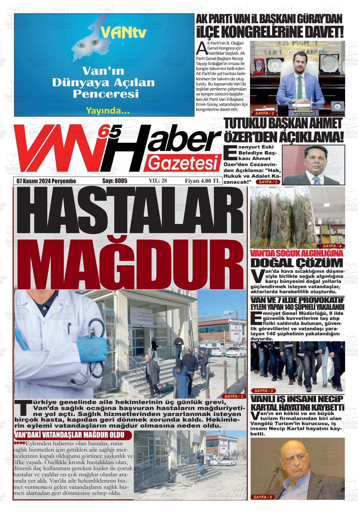 Van65Haber Gazetesi Gazete Manşeti 7 Kasım