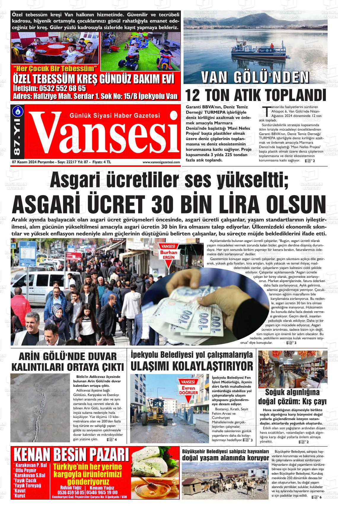 Vansesi Gazetesi Gazete Manşeti 7 Kasım