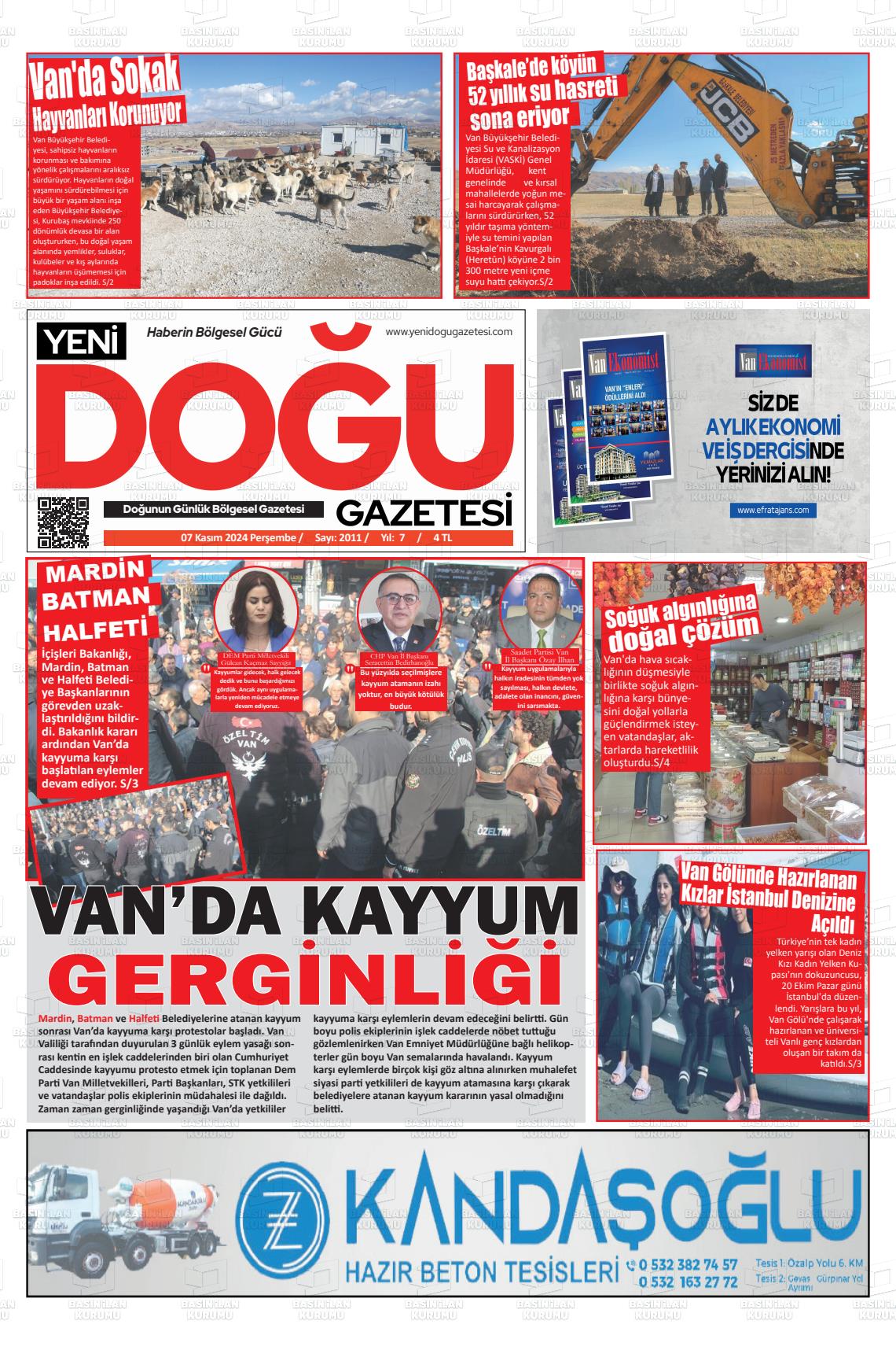 Yenidoğu Gazetesi Gazete Manşeti 7 Kasım