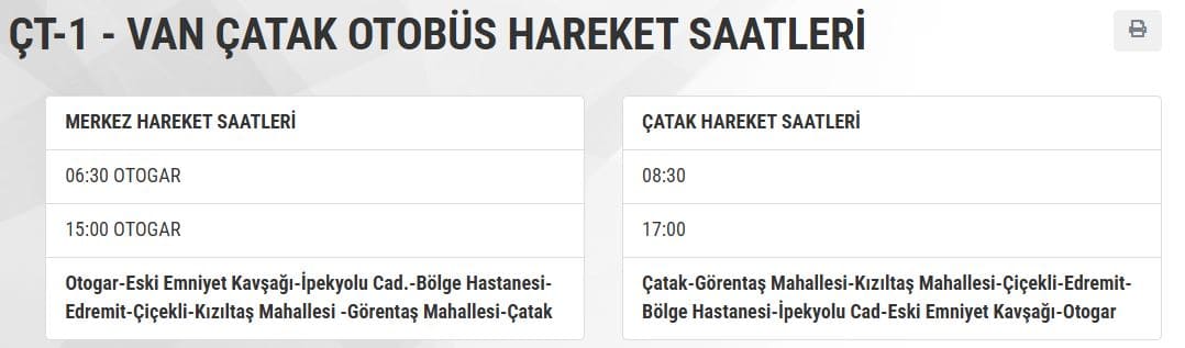 Van Çatak Otobüs Saatleri