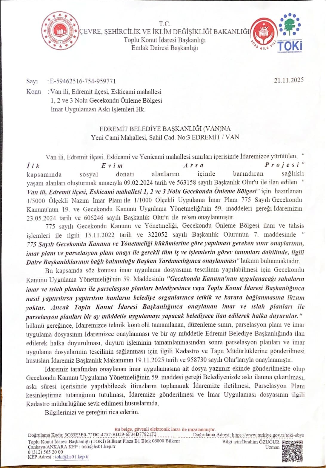 Van Edremitte Eskicami Mahallesi Icin Imar Plani Askiya Cikti