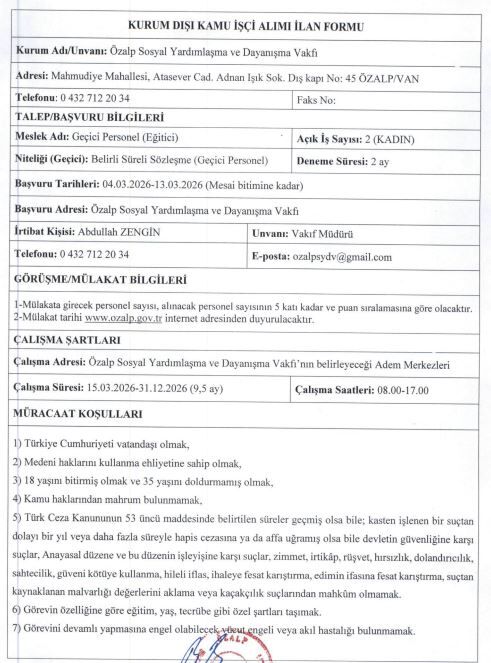 Van’da Ilçe Sydv'ye Personel Alınacak! (2)