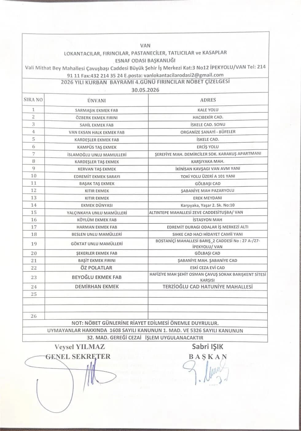 Van'da Kurban Bayramı Dördüncü Günü Hangi Fırınlar Açık (1)